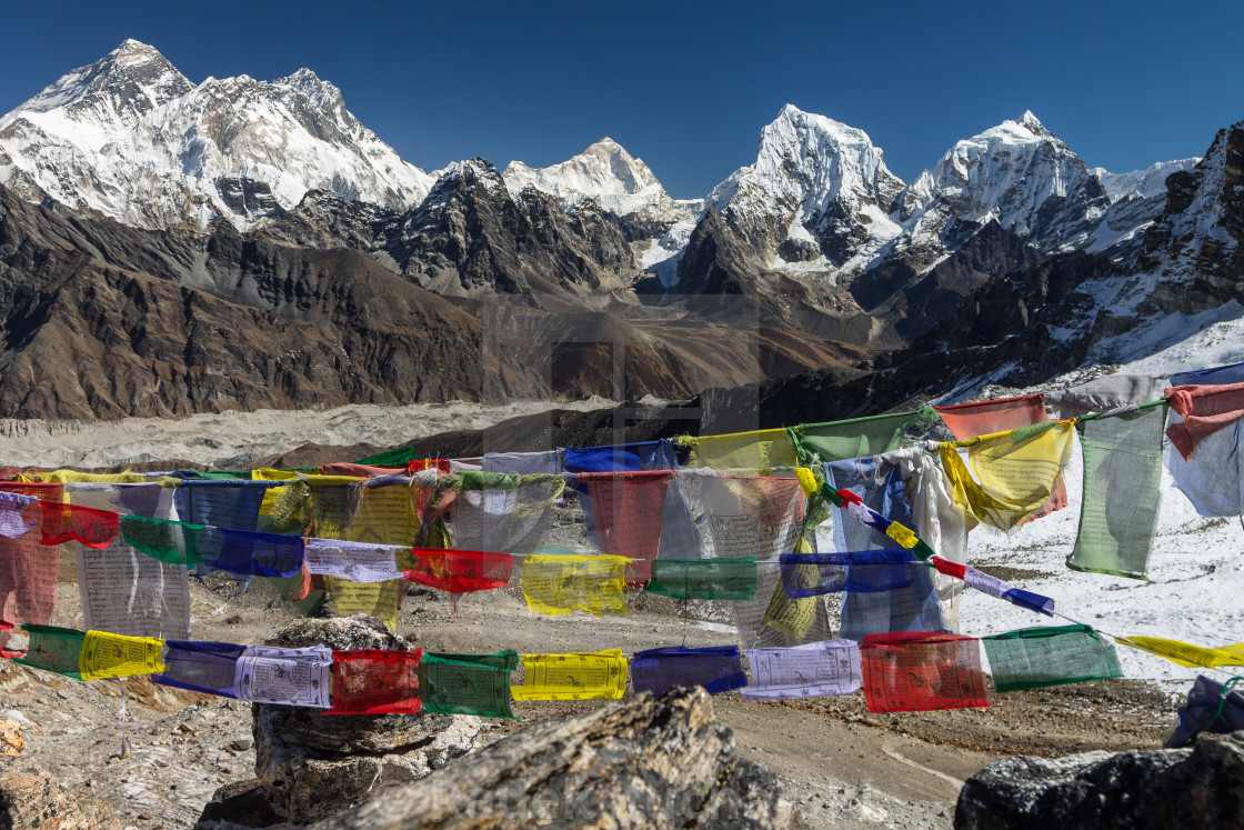 "Everest, Nuptse, Lhotse, Makalu, Cholatse and Taboche. View from Renjo La." stock image