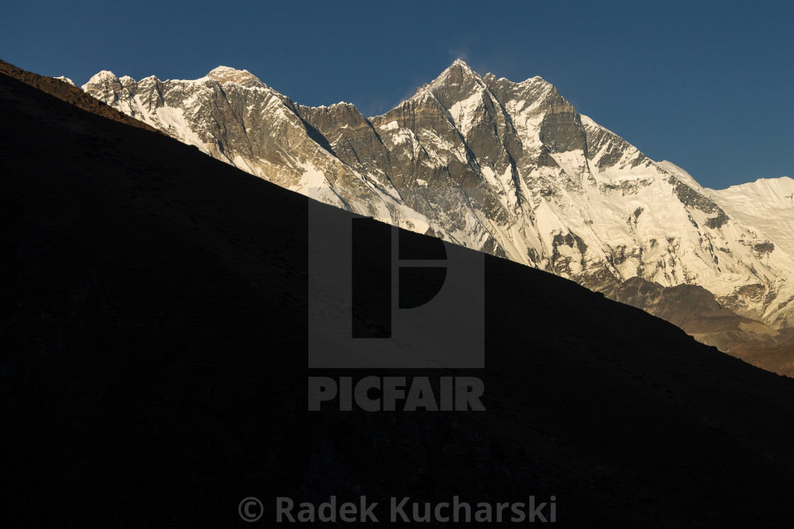 "Everest rising above the Lhotse-Nuptse Ridge seen from a hill above Pangboche" stock image