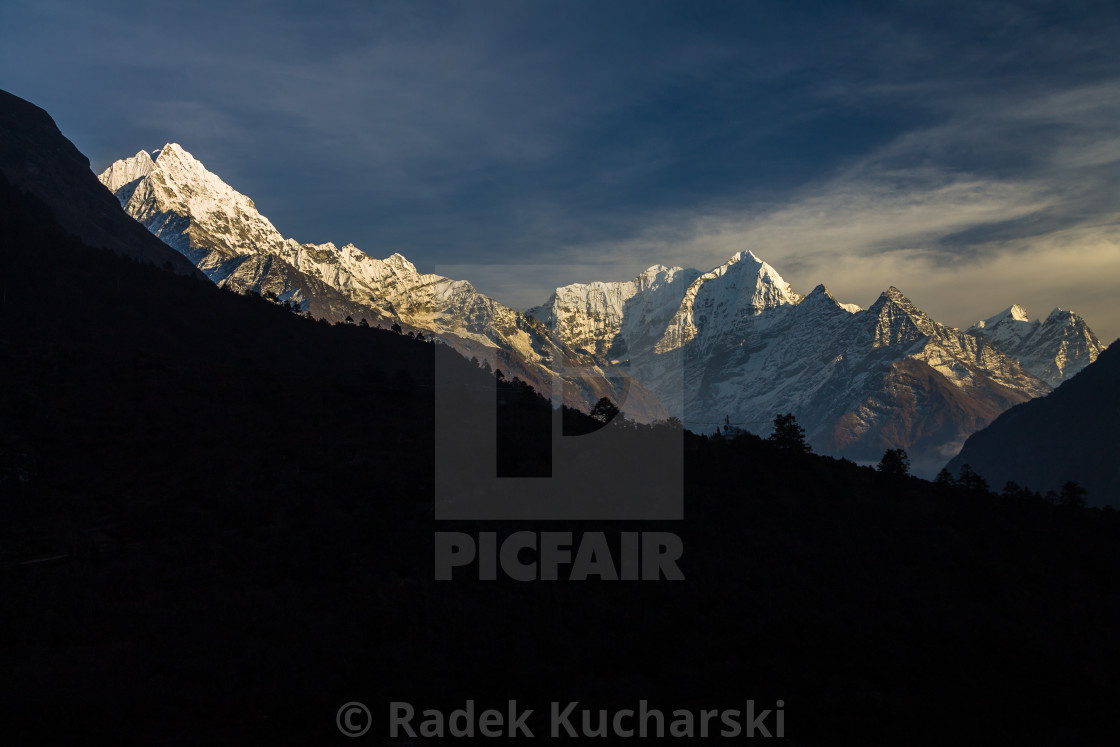 "Thamserku (6608m) and Kusum Kangguru (6367m)" stock image