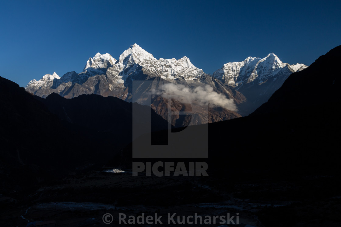 "Malanphulan (6571m), Thamserku (6608m) and Kusum Kangguru (6367m)" stock image