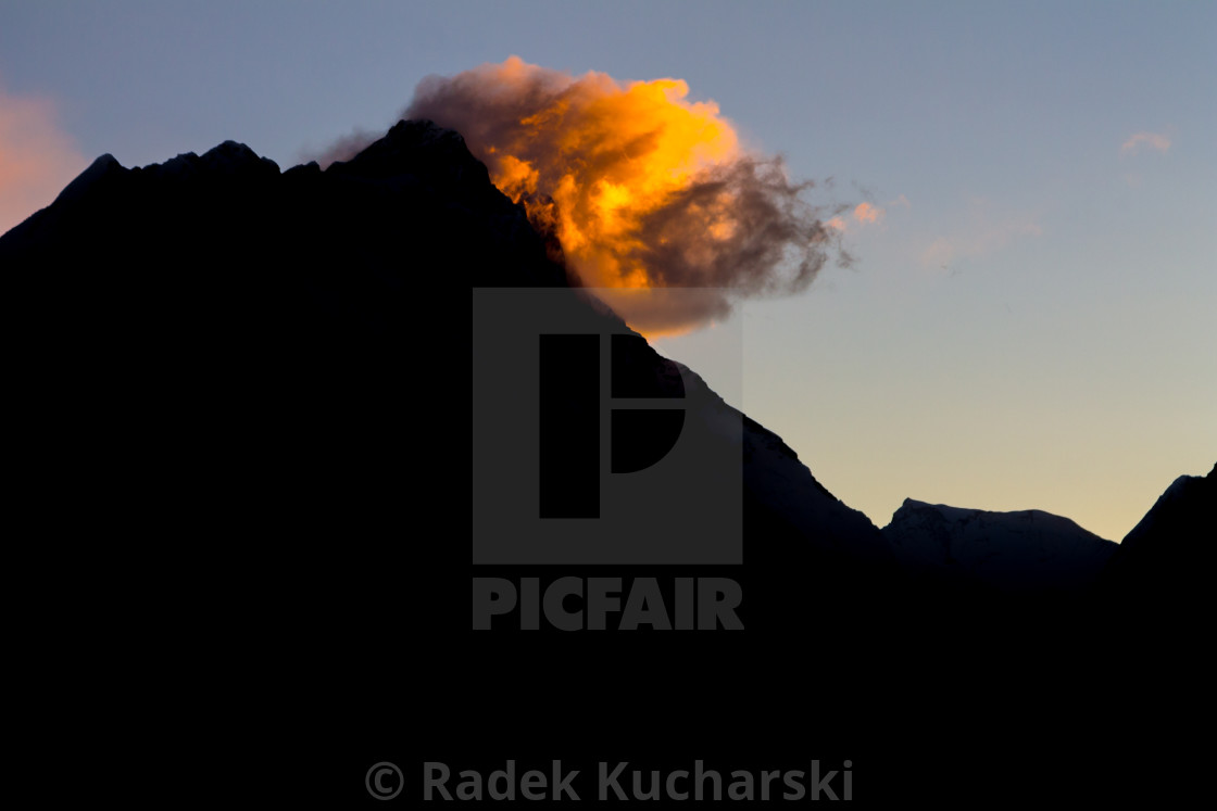 "Lhotse and Nuptse at sunrise seen from Gokyo Ri" stock image