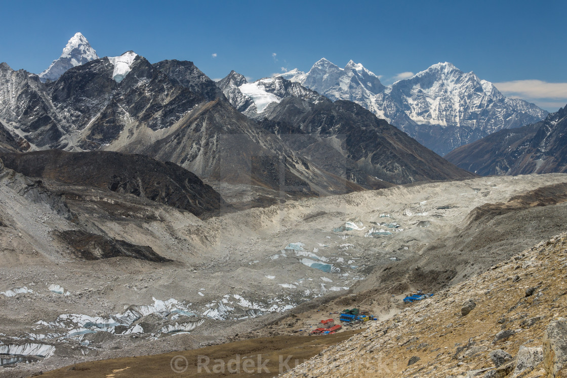 "Gorakshep, Kumbu Glacier and the fantastic panorama of peaks around the Khumbu Valley as seen from the way to the Kala Patthar peak. Everest Region, Nepal." stock image