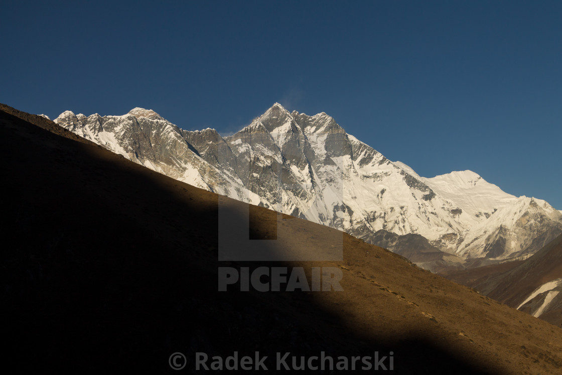 "Everest rising above the Lhotse-Nuptse Ridge seen from a hill above Pangboche. Solukhumbu, Nepal." stock image