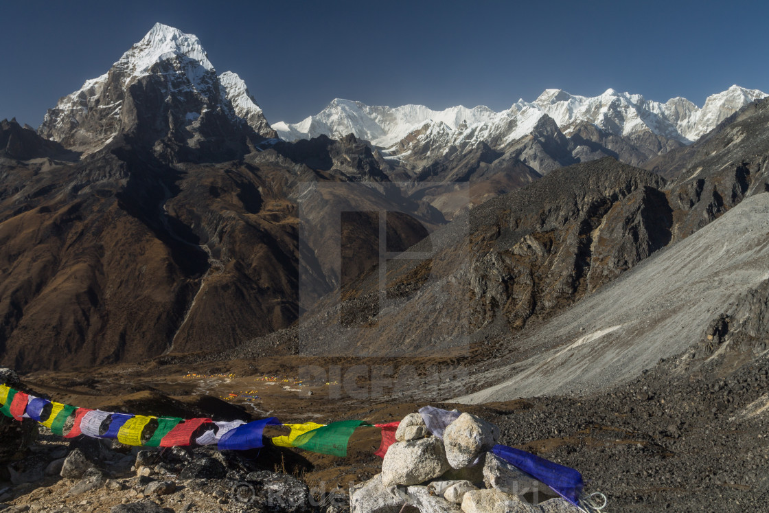 "Cho Oyu, Tenzing Peak and Hillary Peak among others seen from a moraine above the Ama Dablam BC" stock image