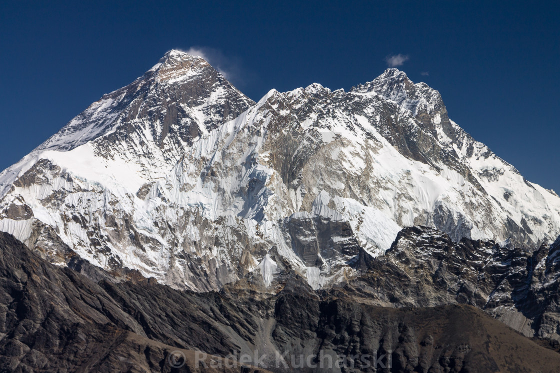 "Everest, Nuptse and Lhotse seen from Renjo La" stock image