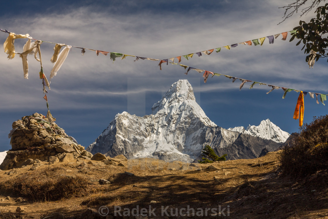 "Ama Dablam seen from the pass between Khumjung and Syangboche" stock image