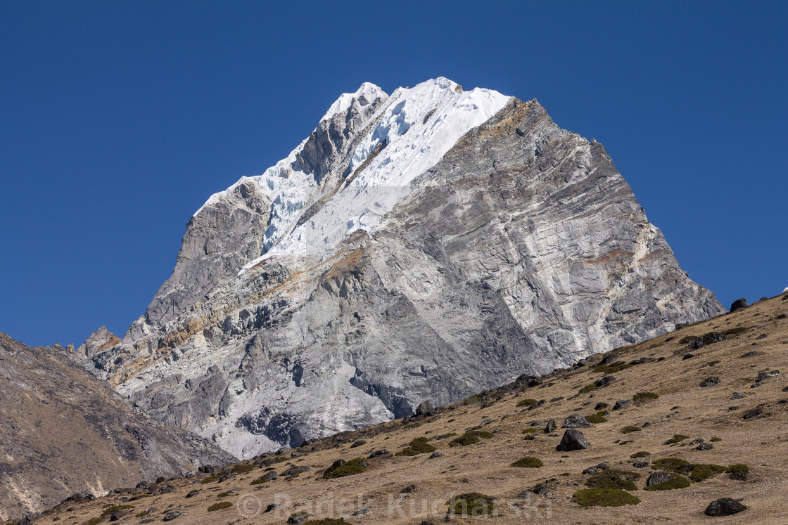 "Lobuche Peak seen from the trail from Dingboche" stock image