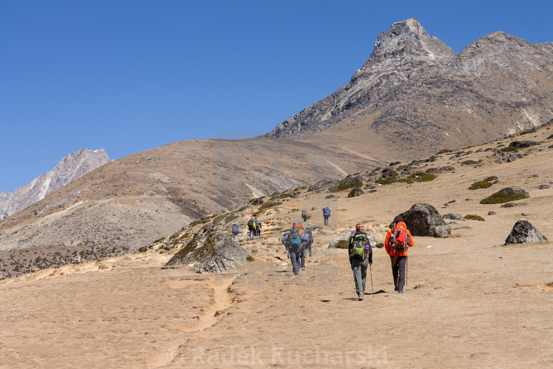 "Trekkers heading towards Everest Base Camp on the trail above Dingboche" stock image