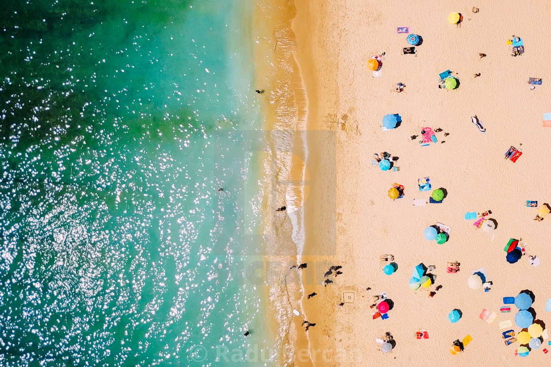Aerial View From Flying Drone Of People Crowd Relaxing On Beach In ...