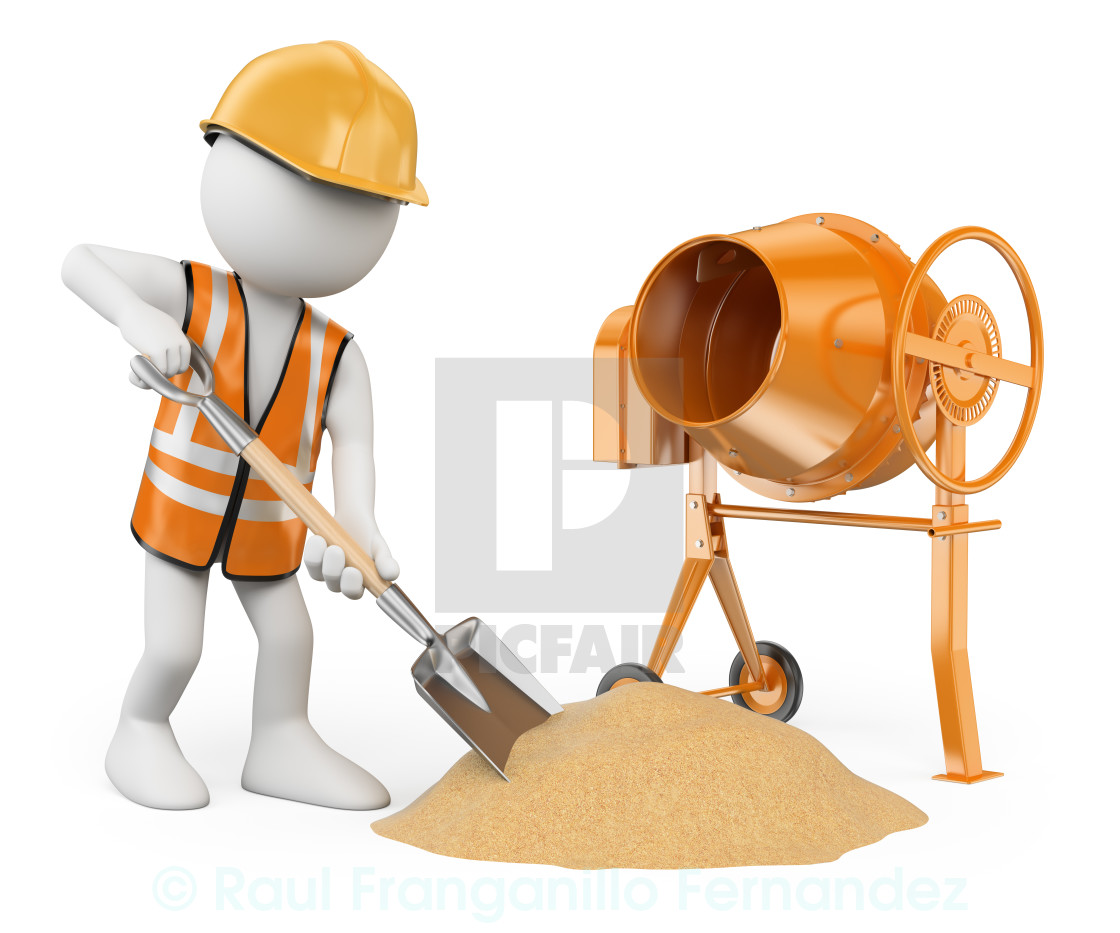 3d White People Construction Worker With A Shovel And A Concret