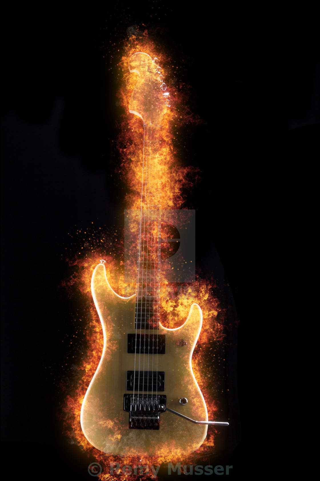 Electric Guitar on fire on Black Background - License, download or print  for £ | Photos | Picfair