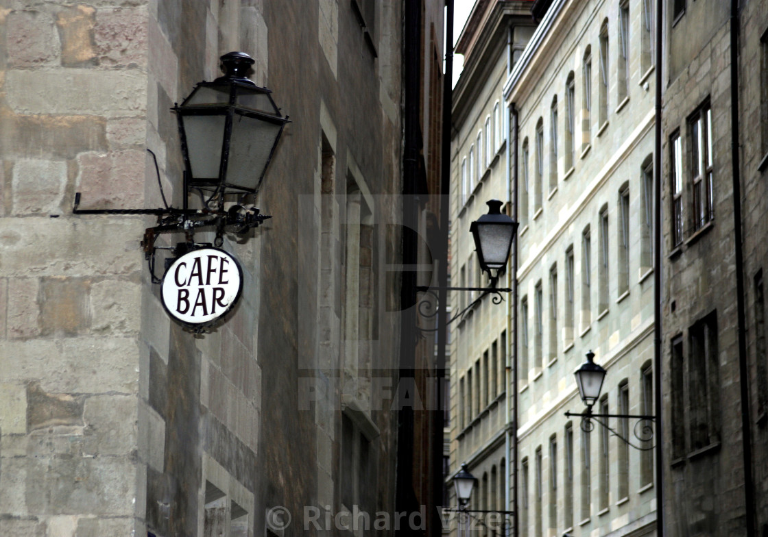 "Cafe sign and street lamps, Geneva" stock image