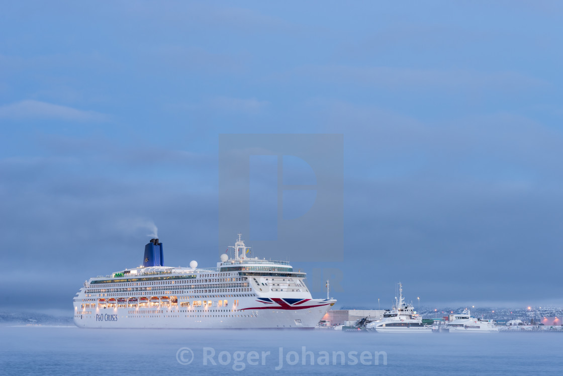 "Oriana cruiseship in Alta harbor in wintertime" stock image