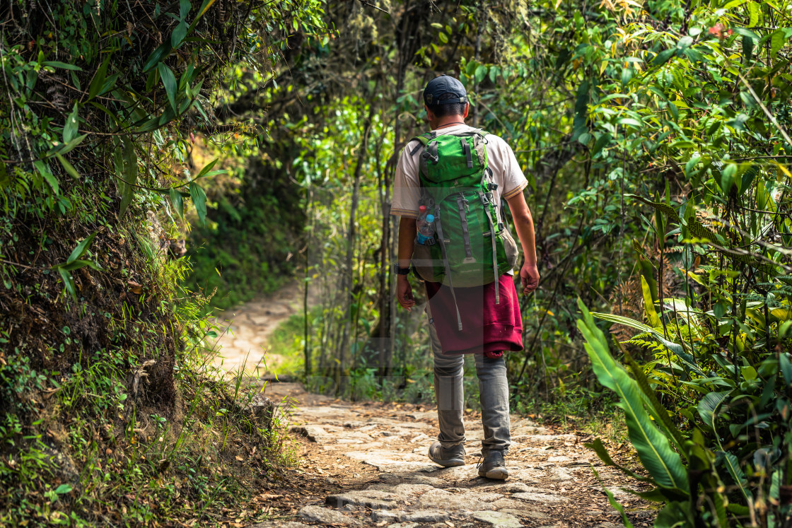 "Inca Trail, Peru - August 03, 2017: Backpacker on the Inca Trail, Peru" stock image