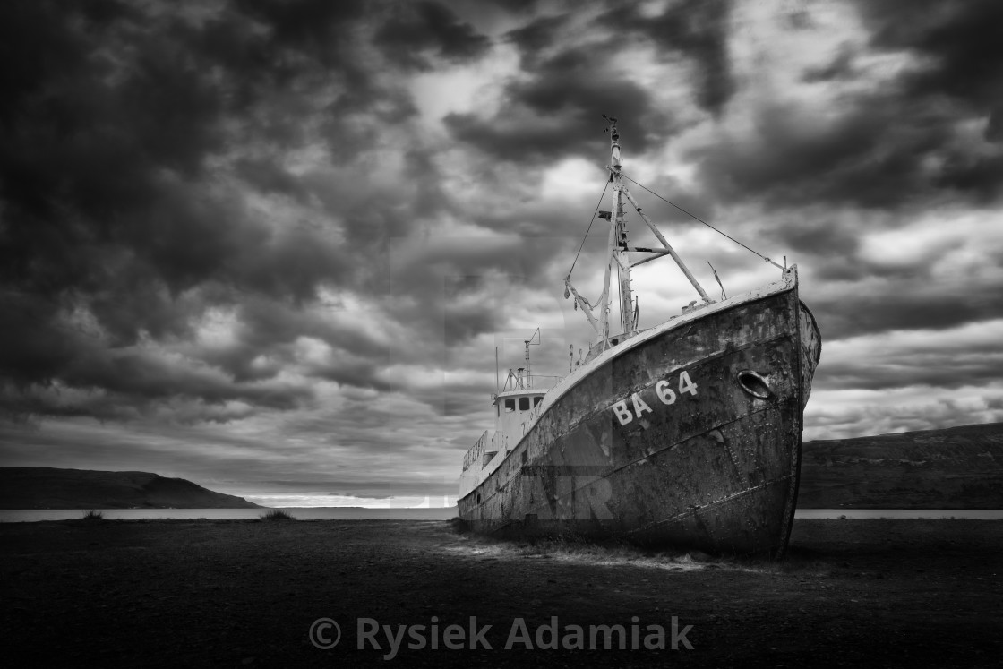 "Abandoned desolate rusty ship in black and white color" stock image