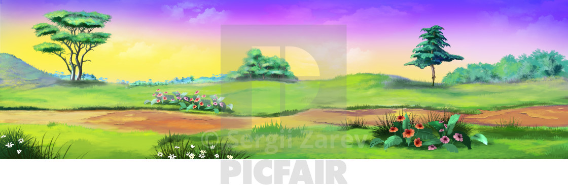 Rural Landscape With Path And Flowers Against Purple Sky License