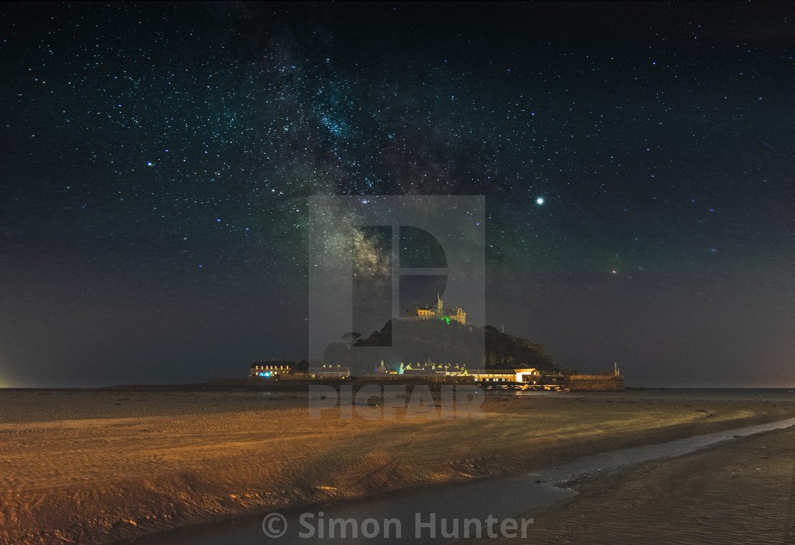 "Milky-Way over St Michaels Mount from the beach" by Simon Hunter - £50.00 "Milky-Way over St Michaels Mount from the beach" stock image