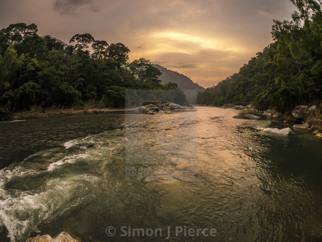 "Sunset over Pico Bonito National Park, La Ceiba, Honduras, Central America" stock image