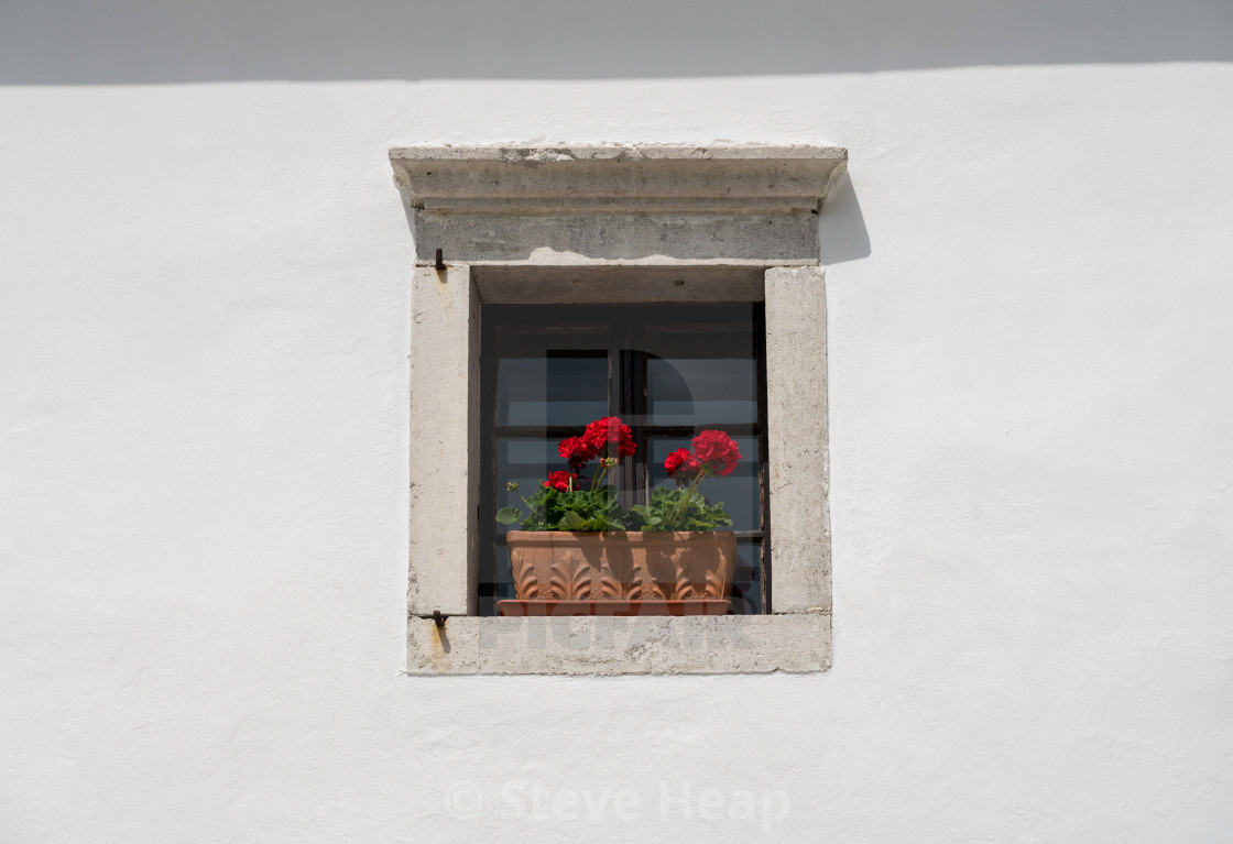 Plain And Simple Flower Arrangement In Window In Stone Wall