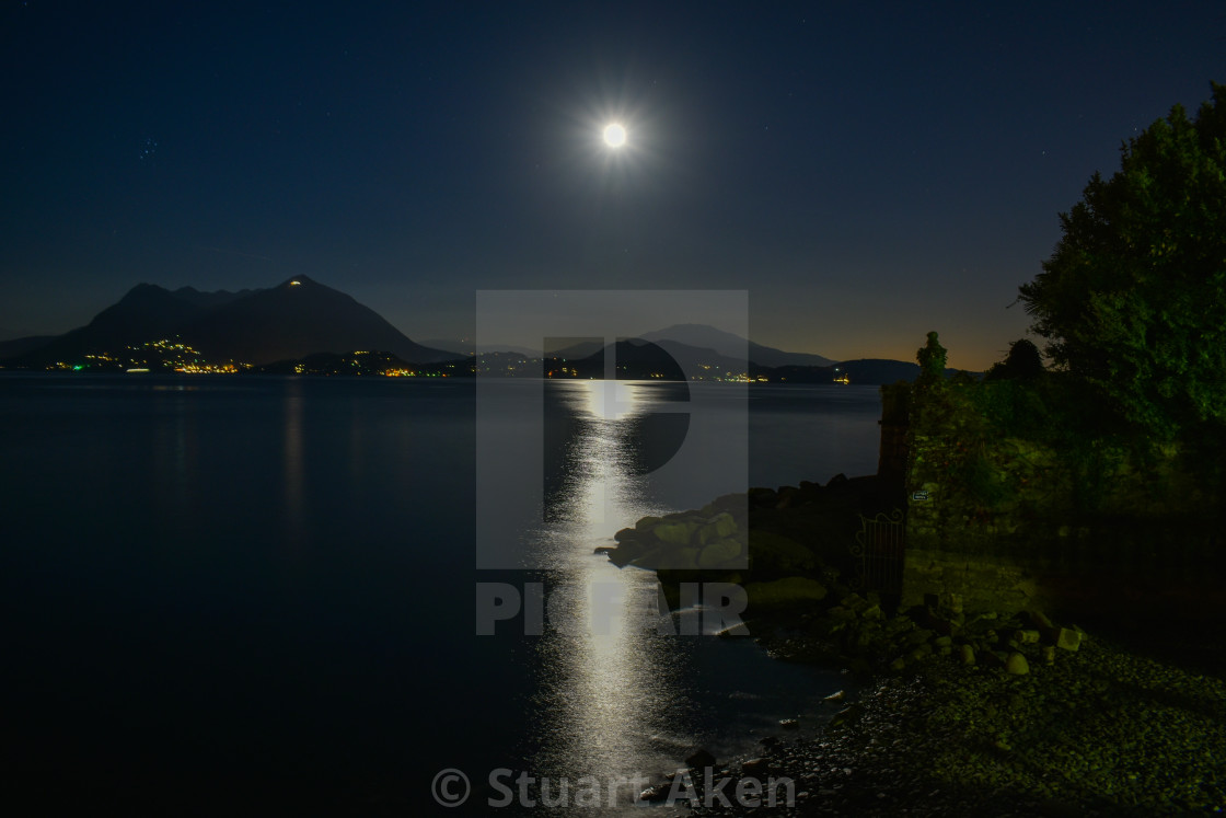 "Full Moon Over Lake Maggiore in Italy" stock image