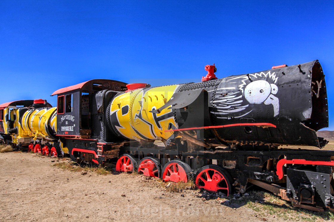 "Cementerio de trenes, Uyuni" by Tadeja Horvat - $15.86 "Cementerio de trenes, Uyuni" stock image