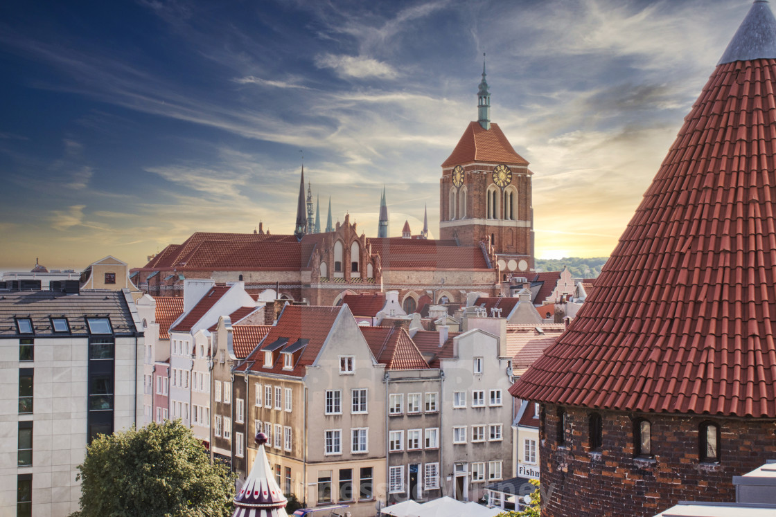 "Aerial view of Gdansk city center with church clock tower in the distance" by Tennessee Witney - £4.91 "Aerial view of Gdansk city center with church clock tower in the distance" stock image