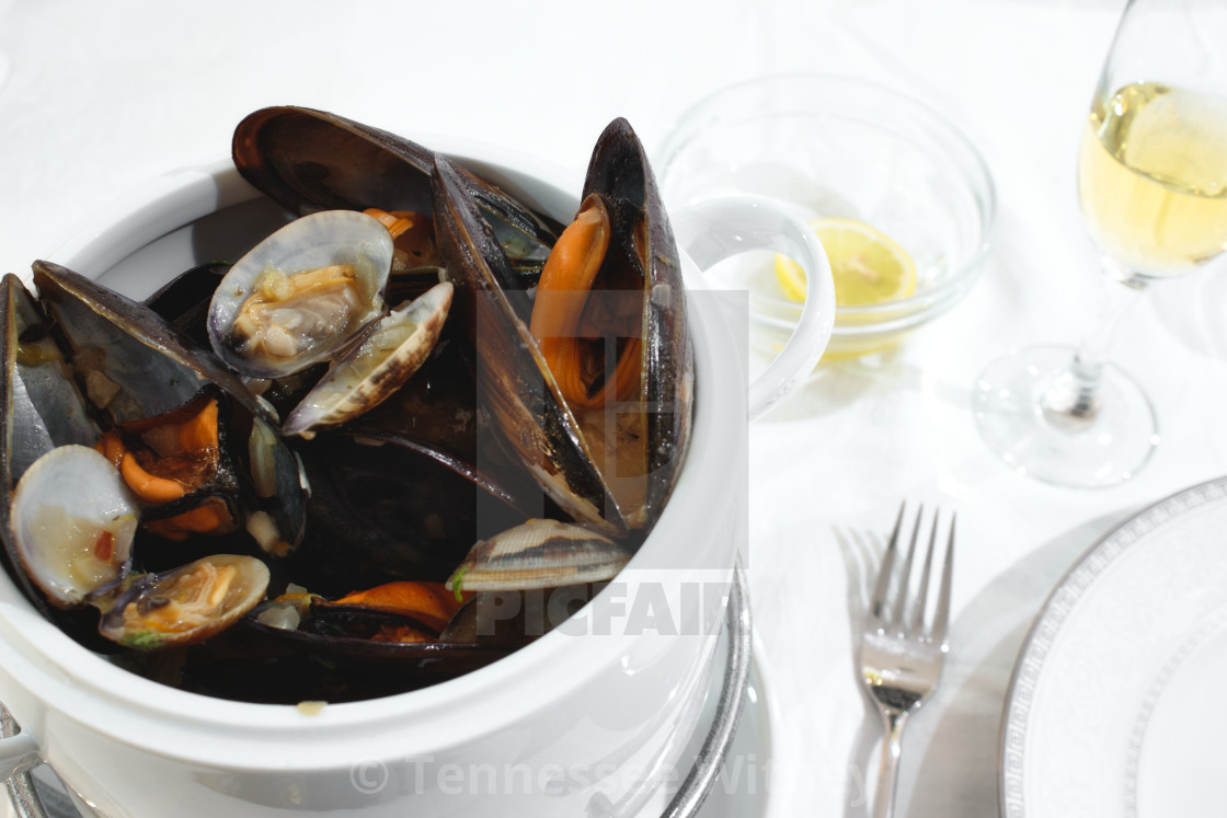 "Pot of mussels and clams on a table isolated against a white tablecloth in a..." by Tennessee Witney - £7.25 "Pot of mussels and clams on a table isolated against a white tablecloth in a..." stock image