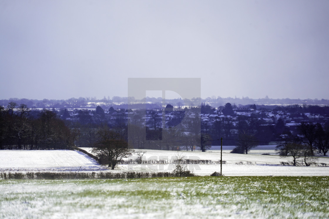 "A view over the snowy fields of Essex" stock image