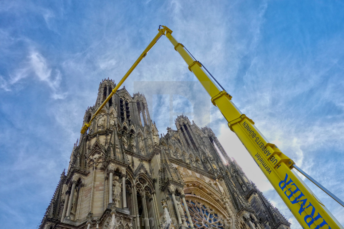 "Cleaning up Reims Cathedral" stock image