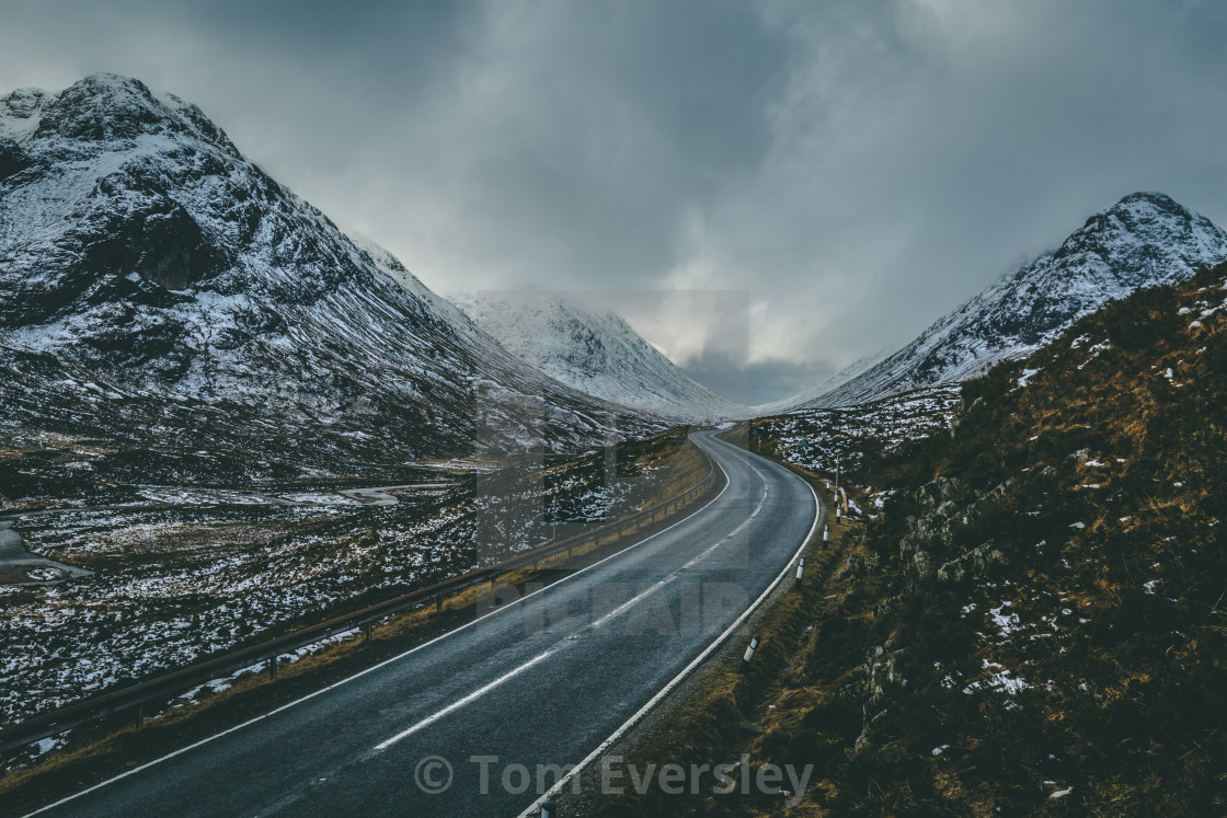 "Open road winter snow mountain landscape in Glencoe Scotland" by Tom Eversley - $15.41 "Open road winter snow mountain landscape in Glencoe Scotland" stock image