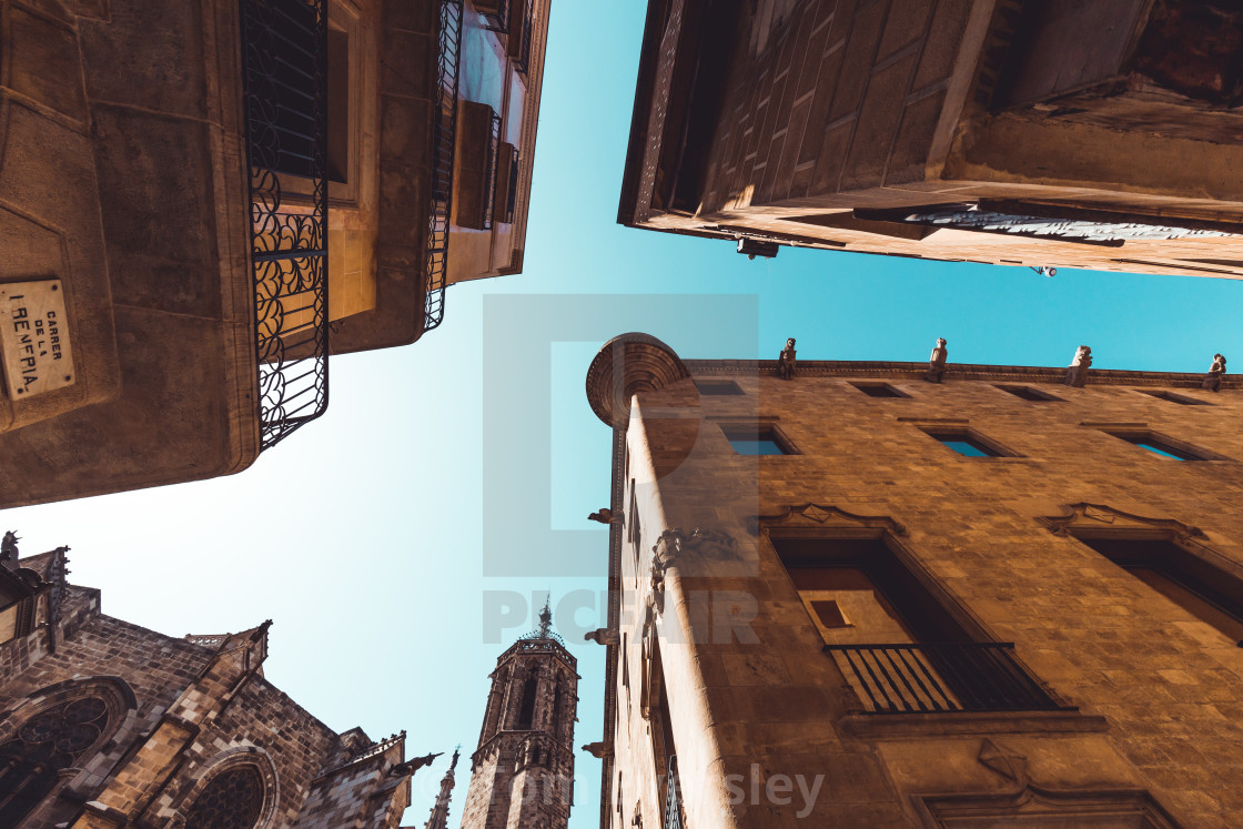 "Buildings in Gothic Quarter in Barcelona Spain on hot summer day" by Tom Eversley - $15.41 "Buildings in Gothic Quarter in Barcelona Spain on hot summer day" stock image