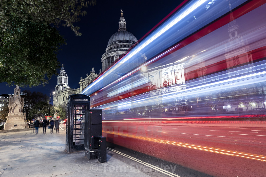 "Red bus city traffic at night, St Pauls Cathedral, London" by Tom Eversley - $15.41 "Red bus city traffic at night, St Pauls Cathedral, London" stock image
