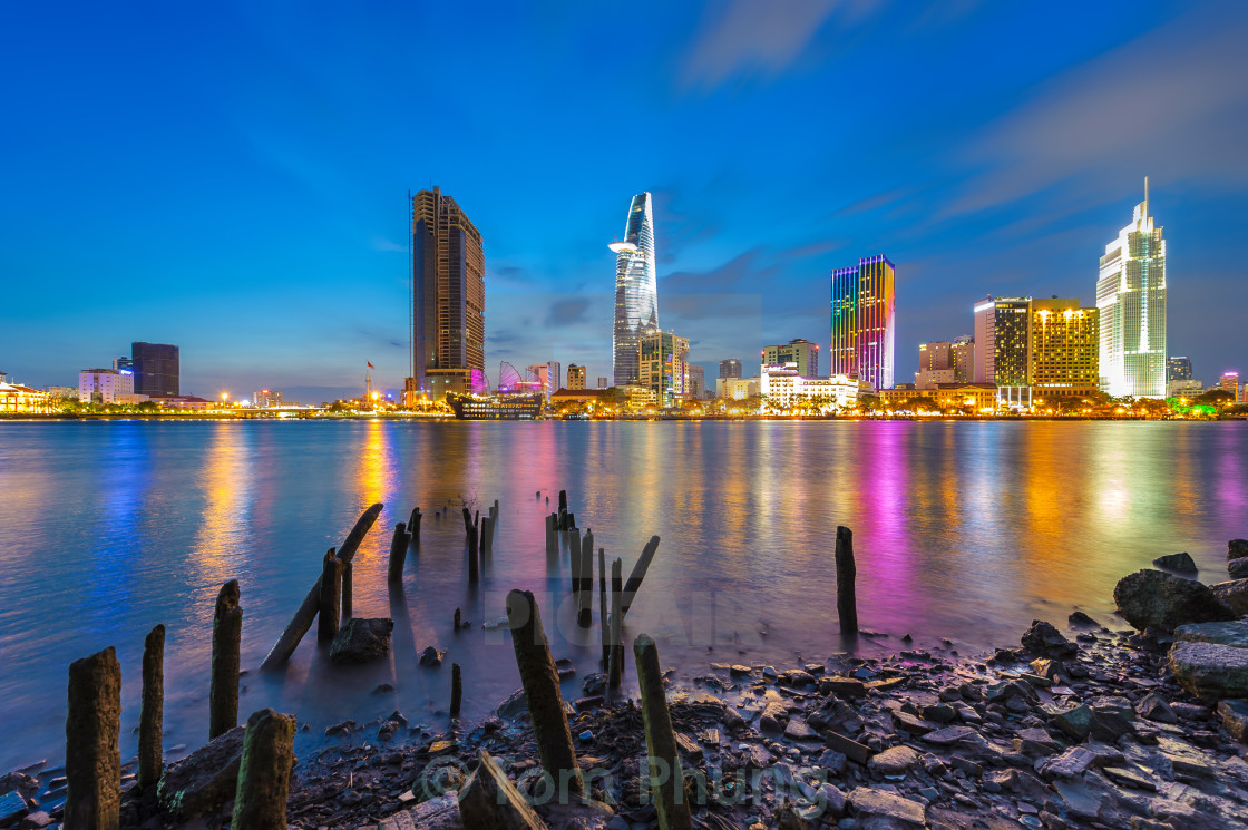 "Cityscape of Saigon river at downtown of Ho Chi Minh city, Vietnam in sunset" stock image