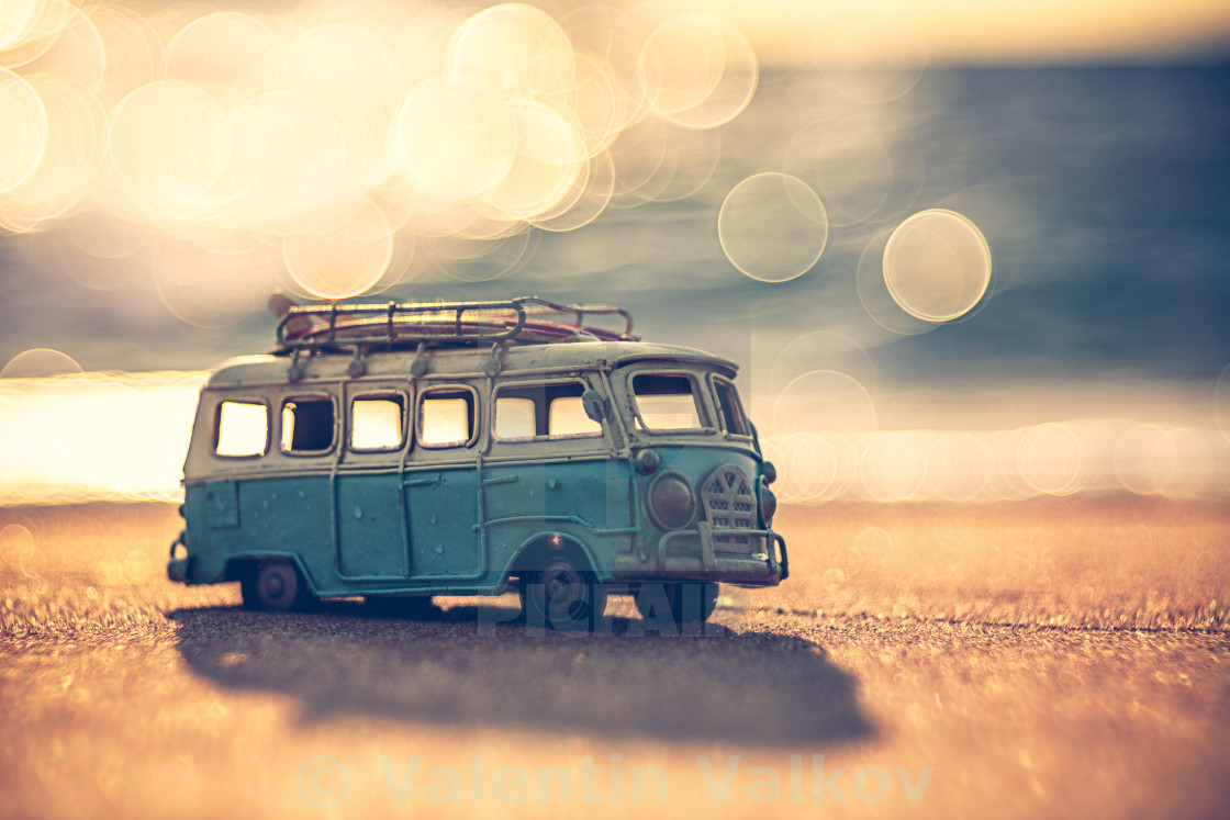 "Vintage miniature van in vintage color tone, travel concept" stock image