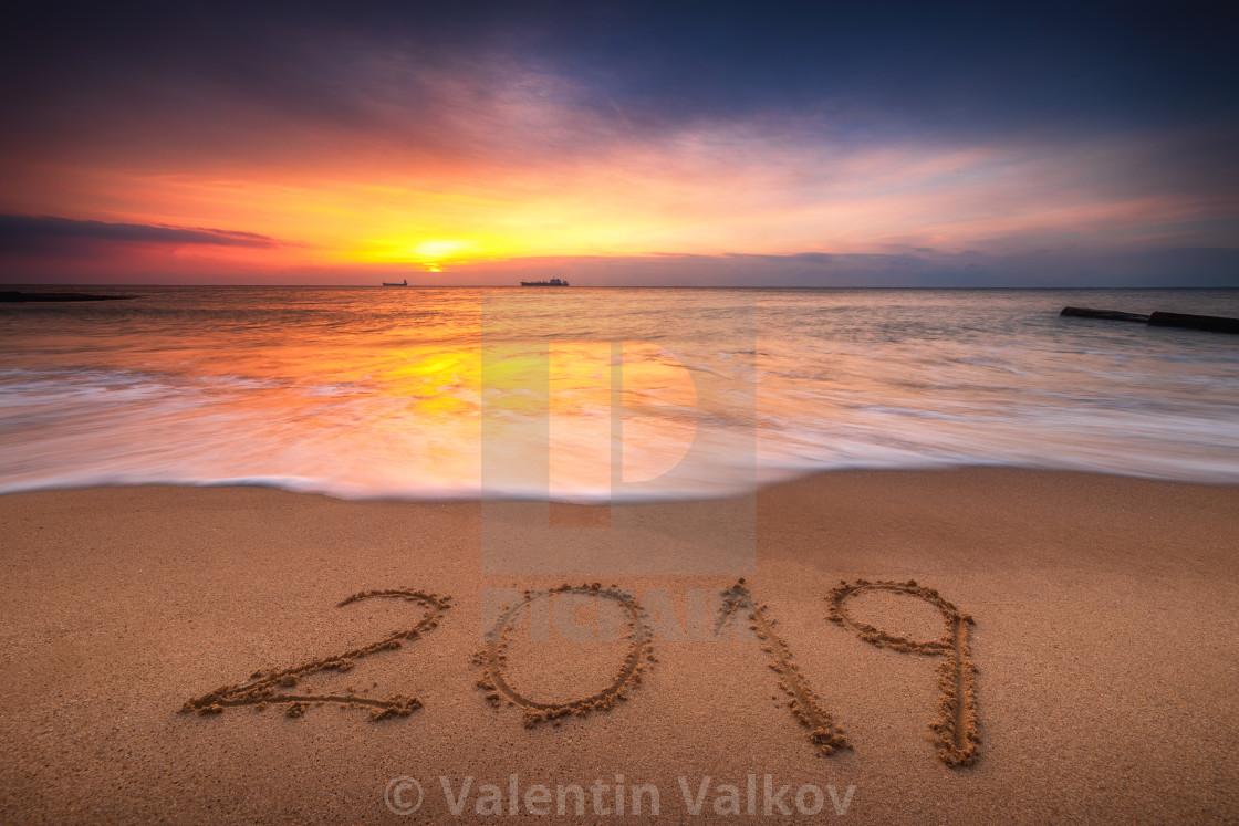 Happy New Year 2019 Concept Lettering On The Beach Sea