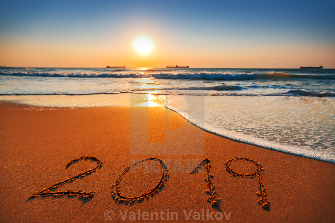 Happy New Year 2019 Concept Lettering On The Beach Sea
