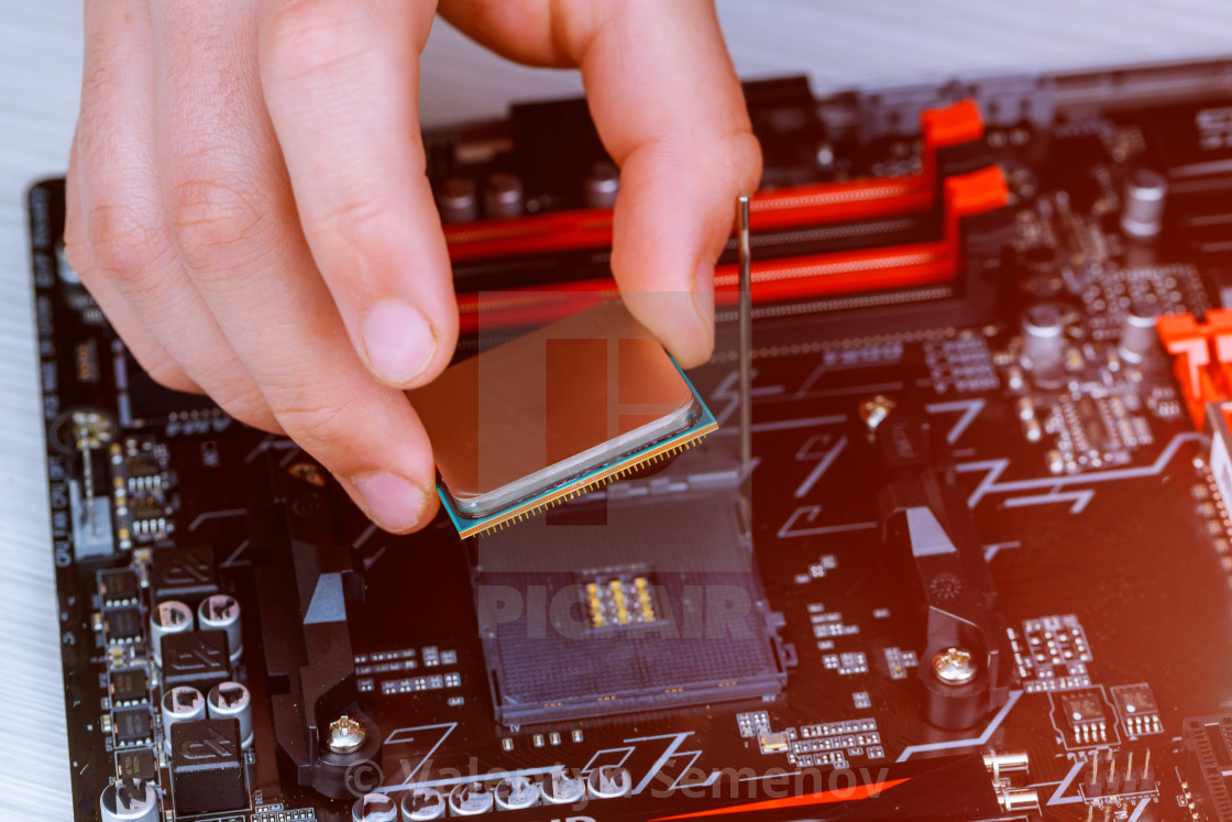 The Technician Is Putting The Cpu On The Socket Of The Computer Motherboard License Download Or Print For 9 92 Photos Picfair
