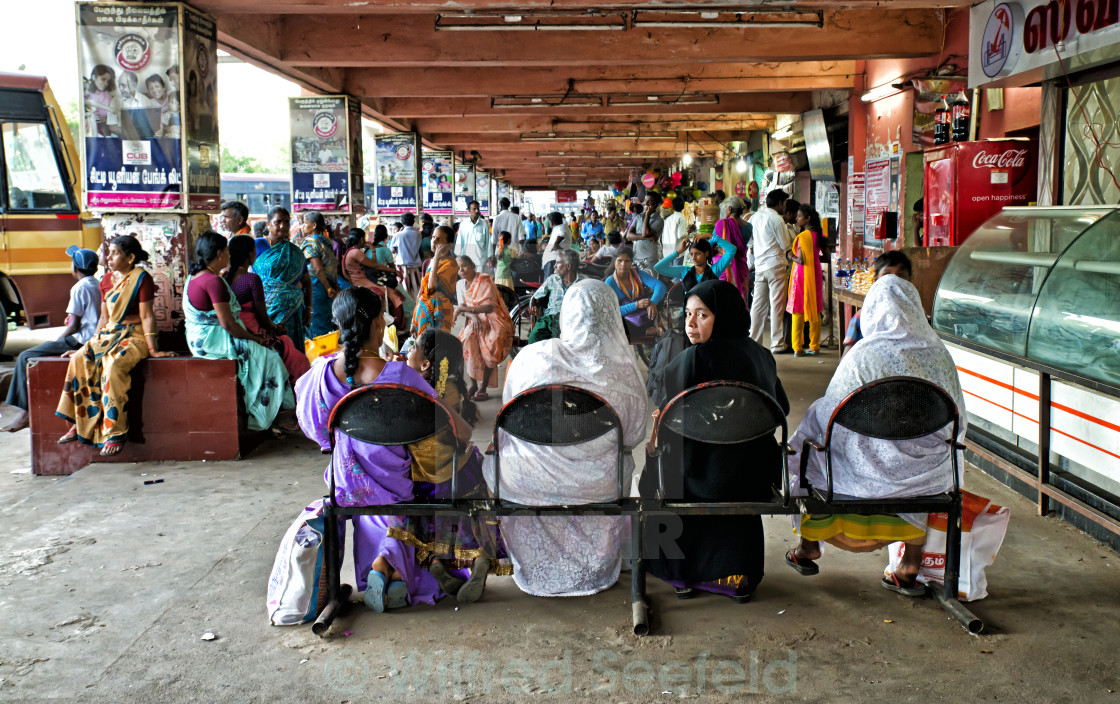 "AT THE BUS STATION" stock image