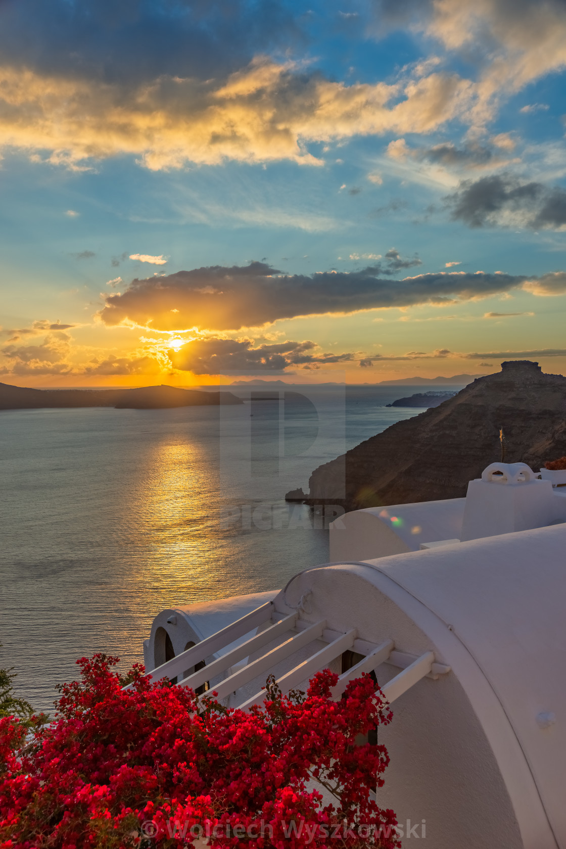 "Landscape of sunrise on the sea, Santorini, Greece" stock image