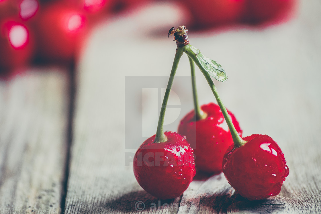 "Cherries on wooden background" stock image