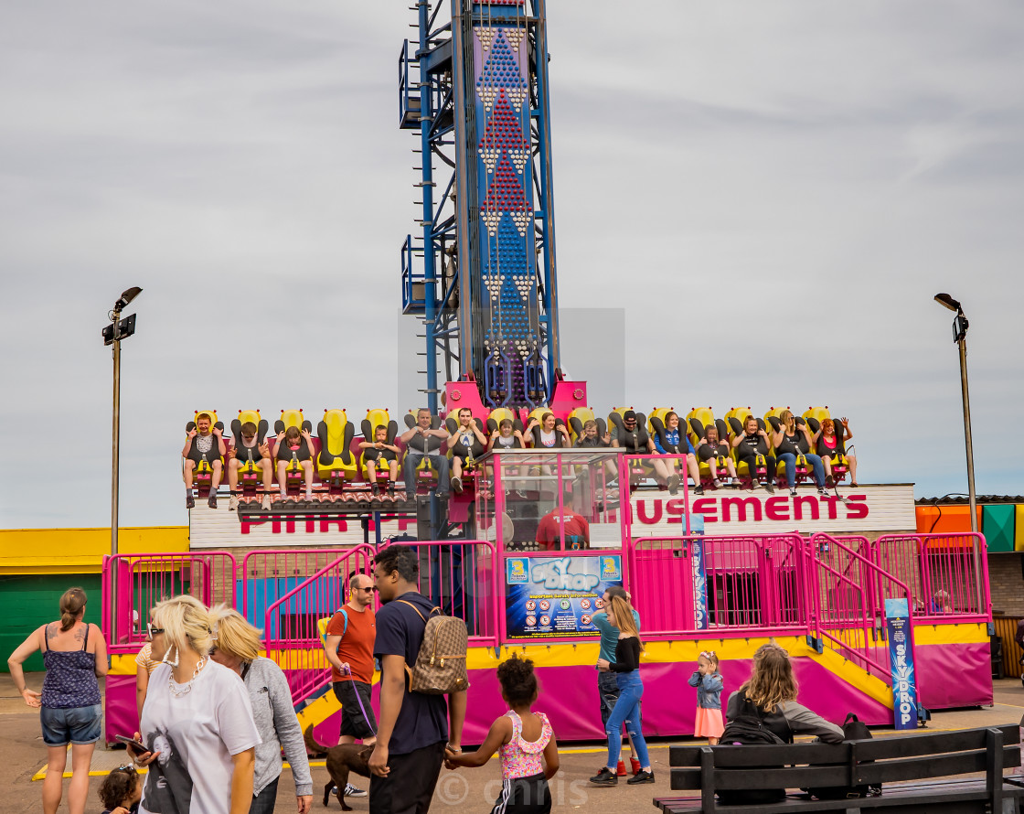 Thrill Seekers Aboard The Sky Drop Ride At Great Yarmouth