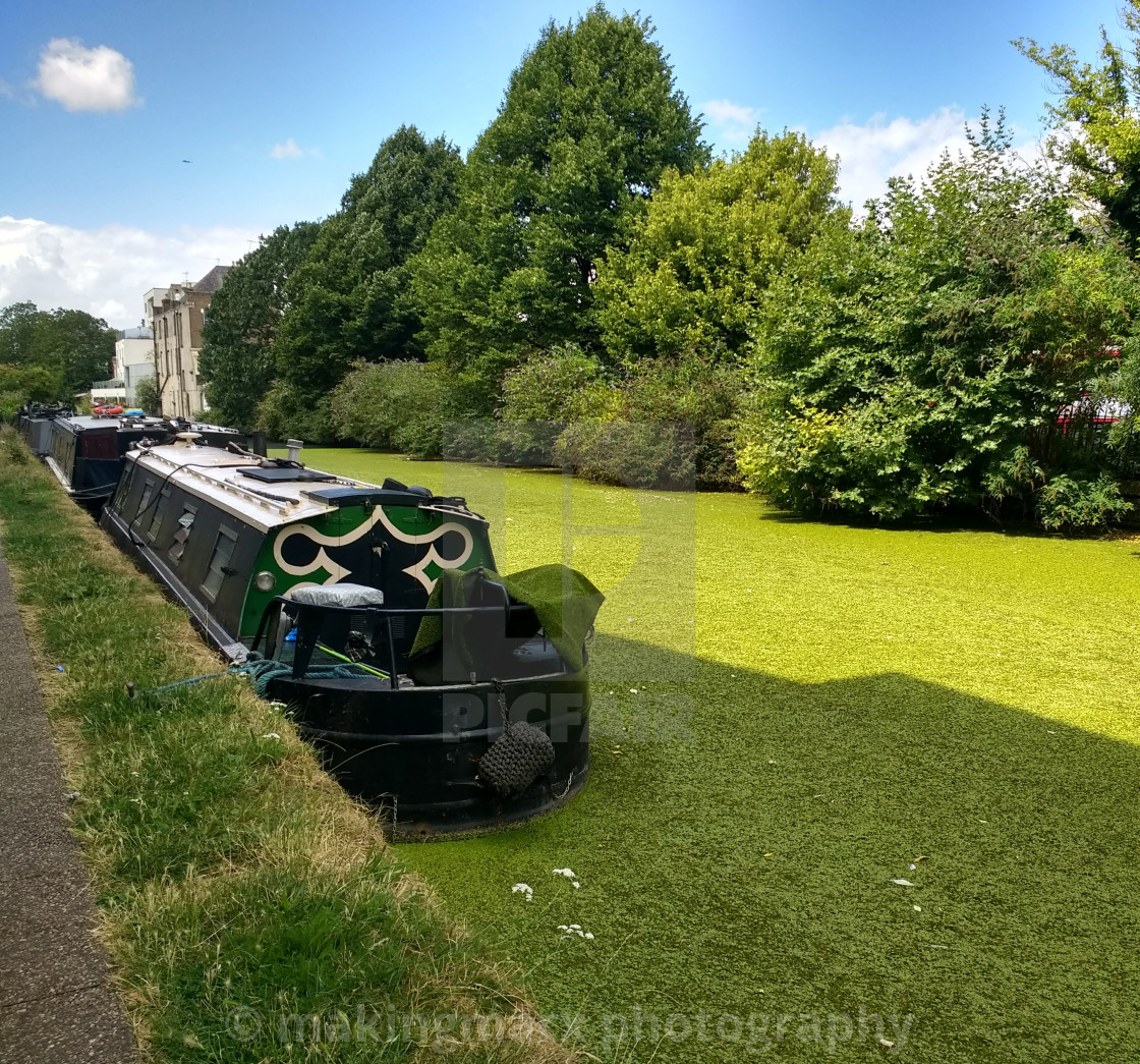 "Green narrowboat on a green canal" stock image