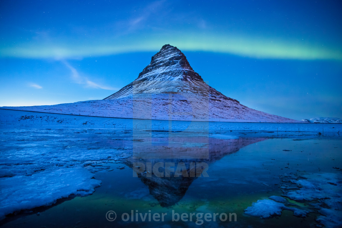 "Aurora Borealis at Blue hour - Kirkjufell - Iceland - northern lights" stock image