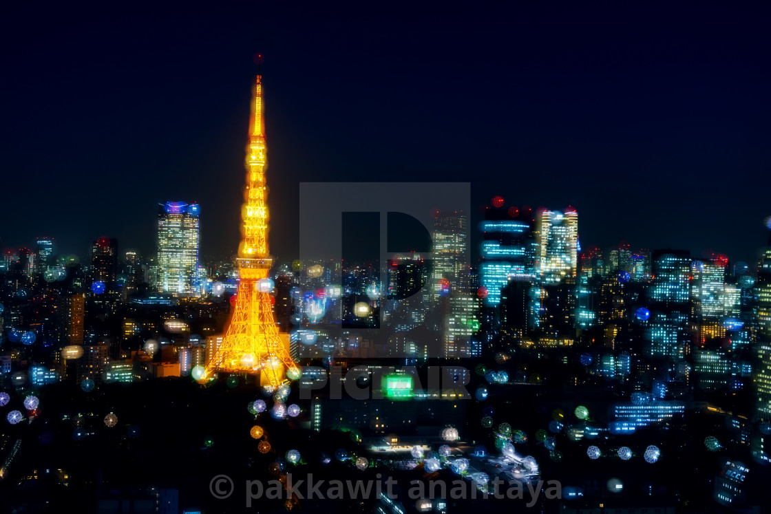 Tokyo Tower Skyline At Night With Bokeh License Download