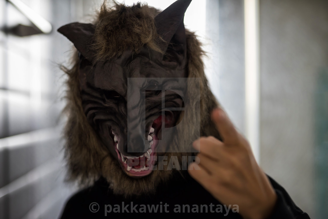 Angry Human With Wolf Mask Point Finger License Download Or