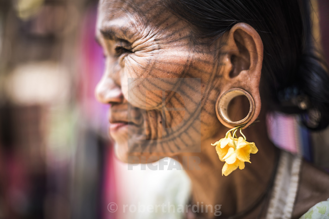 "Tattooed woman of a Chin Tribe Village, Chin State, Myanmar (Burma)" stock image