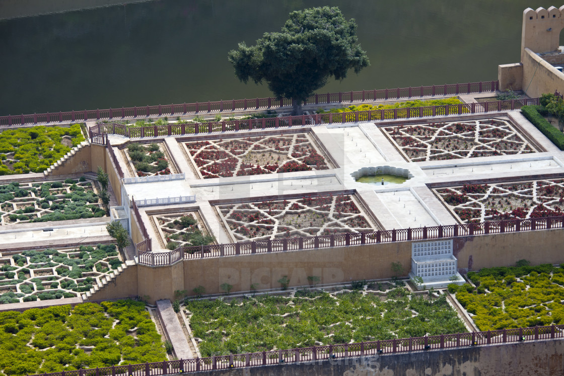 "The geometric design of the Maharaja's Garden The Amber Fort in Jaipur,..." stock image