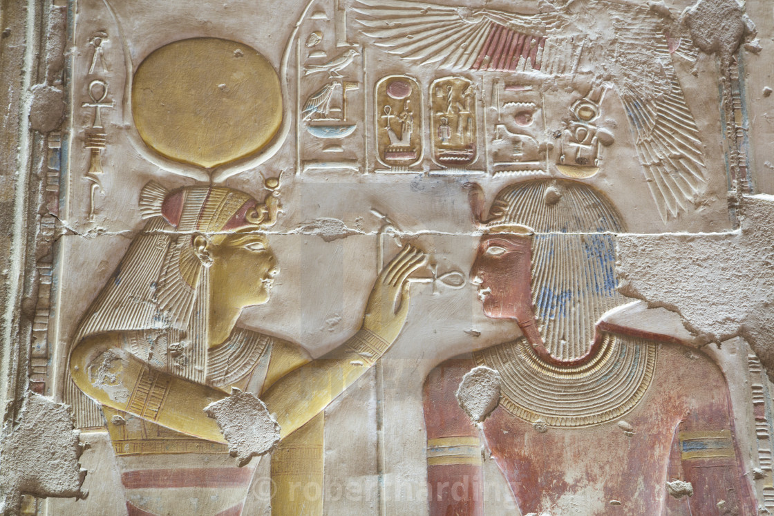 Bas-relief, Pharaoh Seti I (right), the Goddess Hathor (left ...