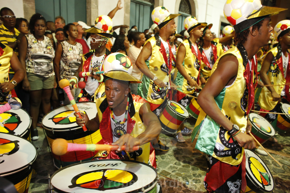 "Drum band Olodum performing in Pelourinho during carnival, Bahia, Brazil,..." stock image