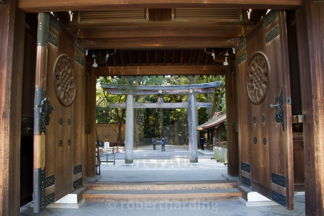 The Meiji Shrine Torii Gate Yoyogi Park Tokyo Japan